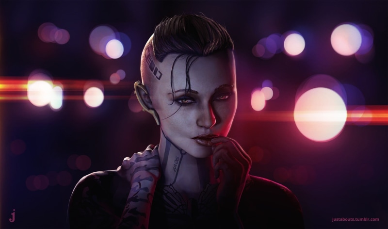 character, 720P, young adult, short hair, night, hairstyle, nightlife, light - natural phenomenon, headshot, illustration, front view, young women, looking at camera