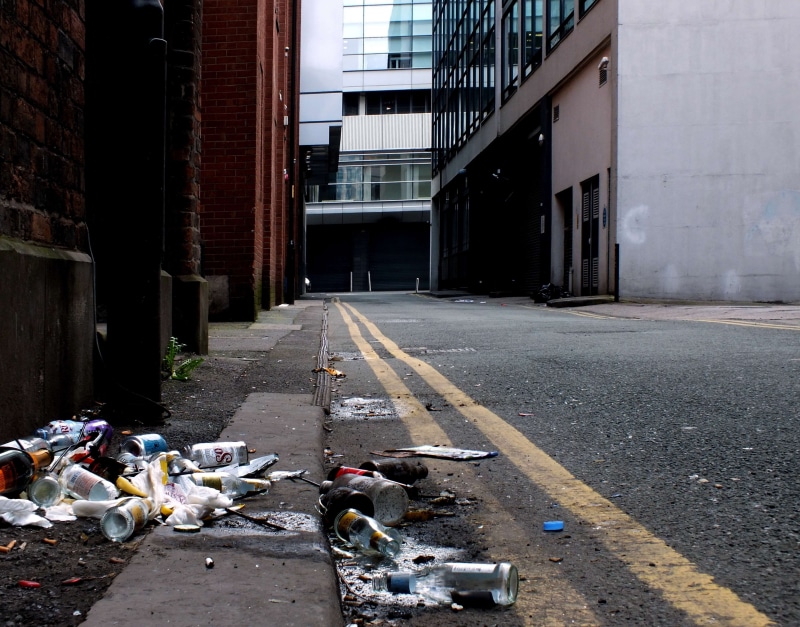 building, garbage bag, trash, footpath, pollution, day, morning, environment, city, manchester, building exterior, plastic bag, no people, 4K, outdoors