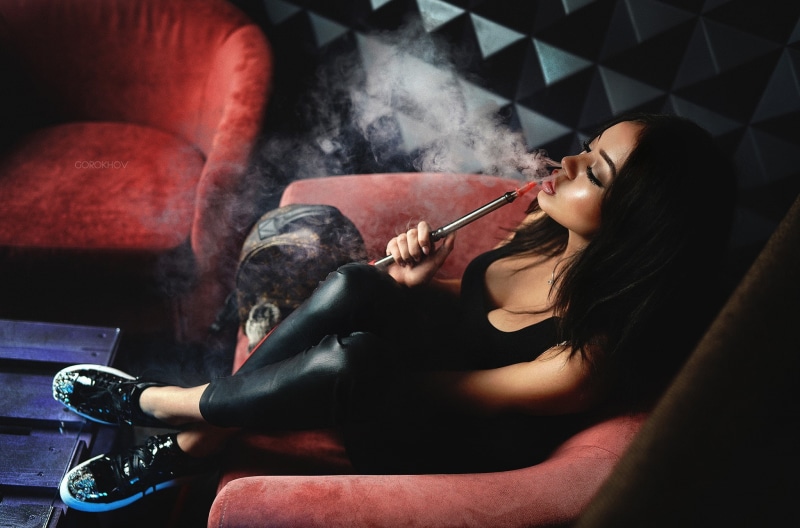 top view, women, leather pants, black hair, vaporizers, Ivan Gorokhov, Hookah, Russian women, 1080P, black tops, black clothing, smoke, closed eyes, brunette