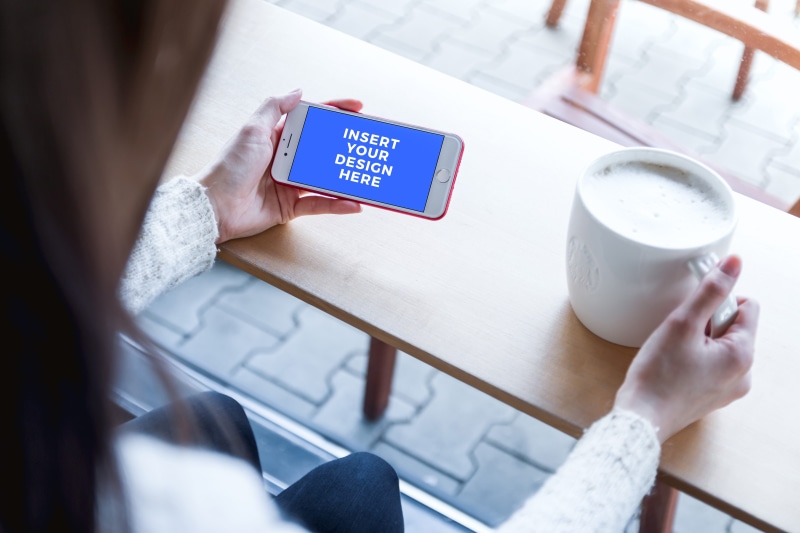 mockup, hand, communication, adult, human hand, girl, cafe, coffee shop, food and drink, refreshment, technology, red, one person, psd, coffee, new, human body part