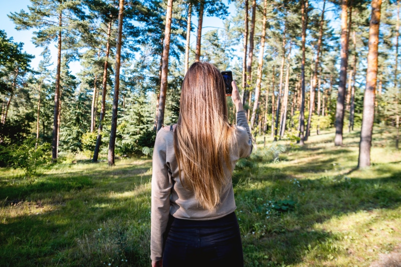 smartphone, standing, forest, beauty, tree, girl, hairstyle, leisure activity, plant, rear view, hair, three quarter length, make, nature, day, women, adult