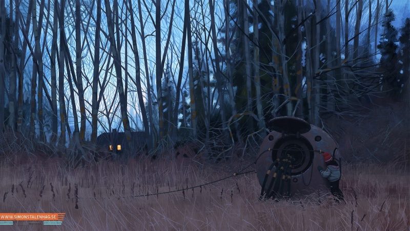 beside, transportation, land vehicle, Simon Stålenhag, trunk, futuristic, plant, 1080P, architecture, snow, tree, rock, night, cold temperature, tree trunk