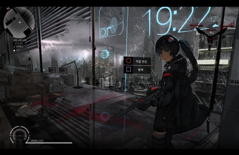 anime, city, drone, weapon, rain, anime girls, Korean, night, 2K, shotgun