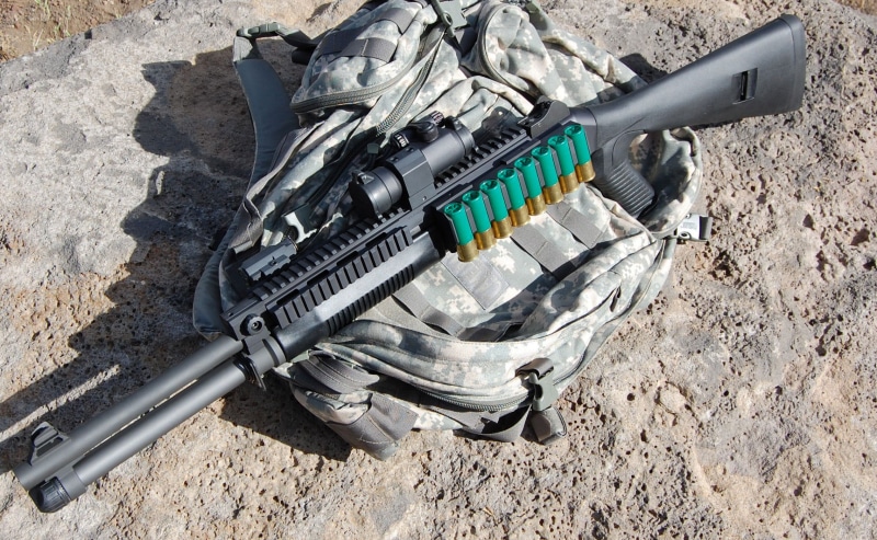 handgun, plastic, equipment, Cartridges, Optical sight, high angle view, war, ACU, close-up, Atronach, Camouflage, Super 90, AKU, still life