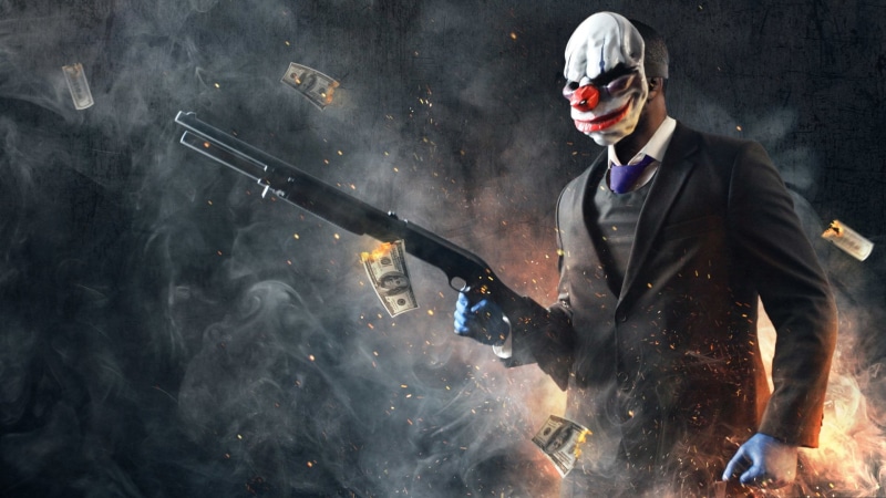 aggression, smoke - physical structure, one person, 1080P, Payday, shotgun, man, Payday 2, mask, sport, waist up, Chains (Payday), holding, adult, security