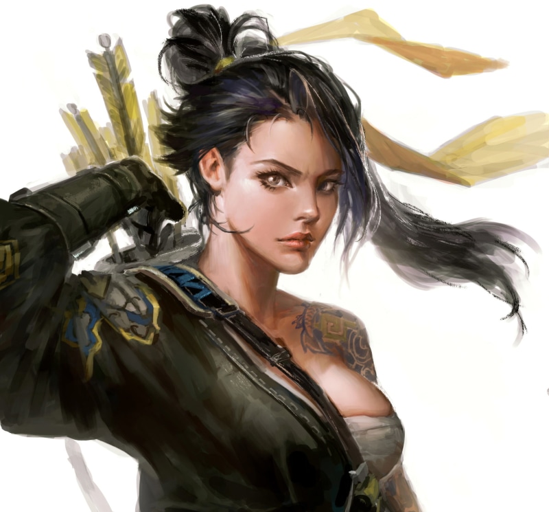 headdress, indoors, beauty, hair, digital art, genderswap, one person, hairstyle, women, looking at camera, Overwatch, white background, young adult, females