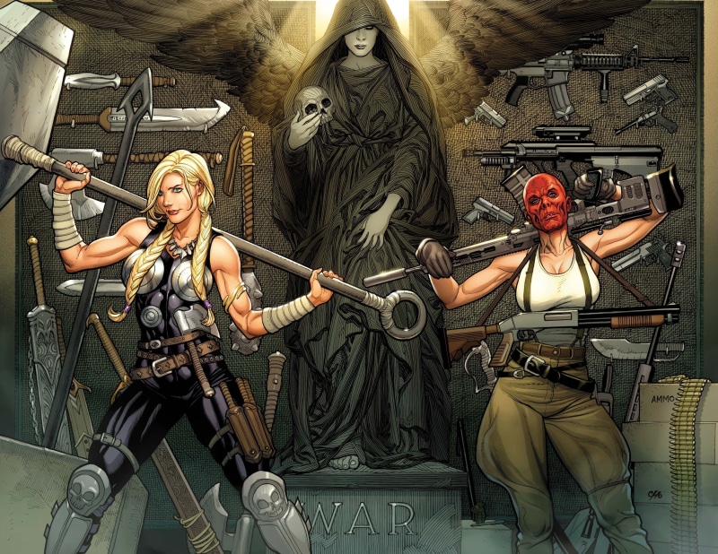 people, Frank Cho, occupation, two people, mid adult, gun, black, angel, women, males, aggression, comics, 2K, two, men, adult, artist, musician, fighter