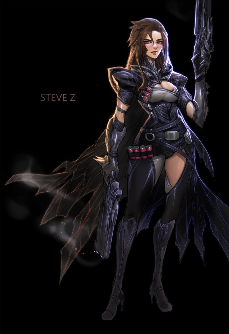 fashion model, full length, females, one person, holding, 720P, z, dark, character, genderswap, clothing, women, Steve Zheng, black background, elegance