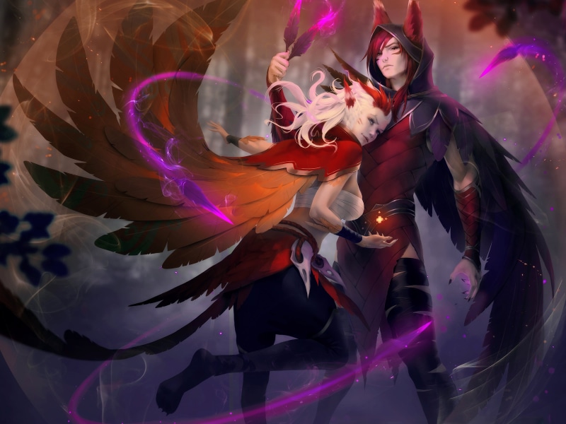 Rakan (League of Legends), 4K, Xayah (League of Legends), digital art, Zarory, fantasy girl, fantasy art, drawing, genderswap, video game characters, Fantasy Men