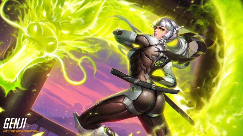 Rule 63, Green Eyes, Overwatch, Genji, Tight Clothing, video games, White Hair, Genderswap, Liang, Genji (Overwatch), women, Looking At Viewer, Blizzard Entertainment
