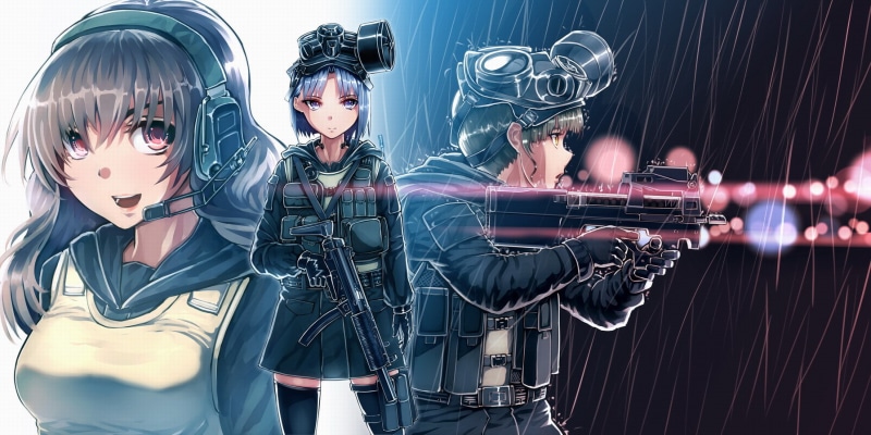 gloves, girls, long, thighhighs, aoki, duty, brown, gun, miharuu, black, eyes, pink, 720P, call, hair, weapon, short, blue, genderswap, mask