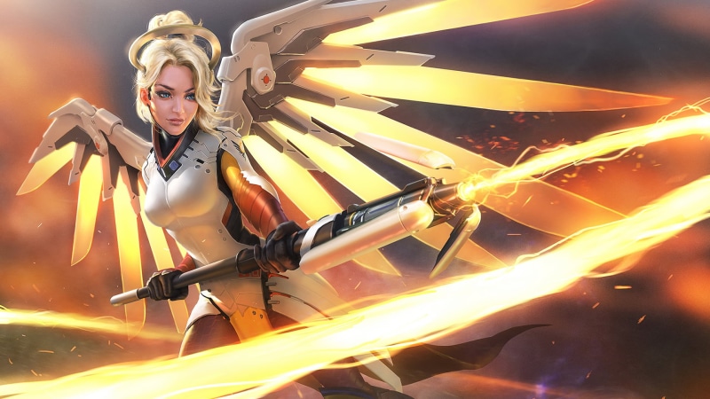transportation, Blizzard Entertainment, adult, illuminated, blond hair, Mercy (Overwatch), young women, woman, emotion, video games, 1080P, haired, holiday