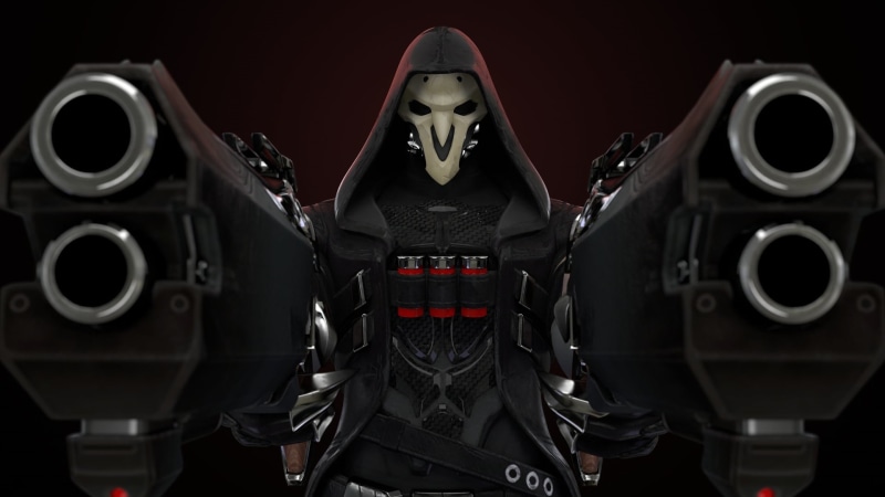 Overwatch, one person, spooky, arts culture and entertainment, black background, human representation, human skull, front view, make-up, red, looking at camera