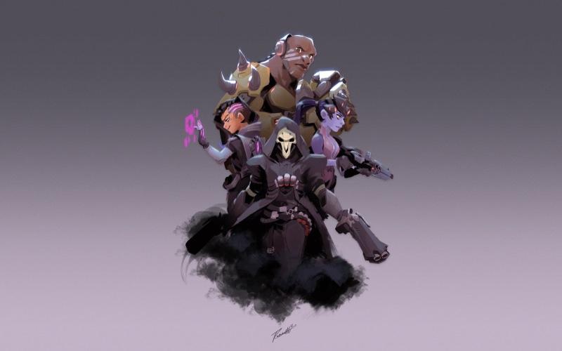 positive emotion, happiness, floral, Widowmaker (Overwatch), laughing, mid adult, white, fun, motion, studio shot, gray, 1080P, Reaper (Overwatch), mid-air
