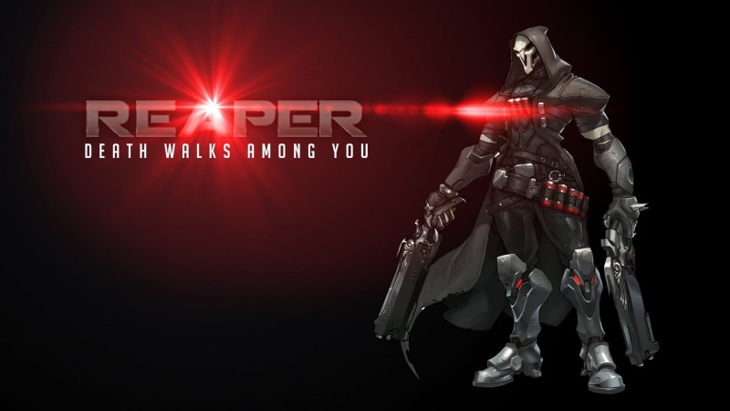 Reaper (Overwatch), representation, sign, gray, communication, holding, western script, machine, front view, text, black background, art and craft, studio shot