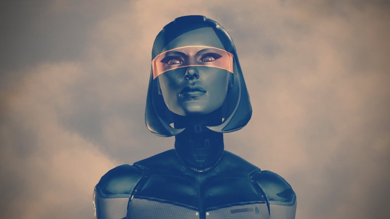 portrait, outdoors, artificial intelligence, mask, Mass Effect 3, protection, android, looking at camera, focus on foreground, front view, human representation