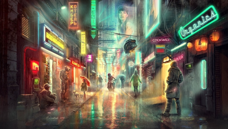 city, artwork, fantasy art, futuristic, 1080P, street, neon, steampunk, rain
