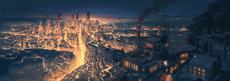 architecture, scenic, building exterior, 2K, anime cityscape, sky, night, water, Anime, no people, built structure, steampunk, building, nature, outdoors