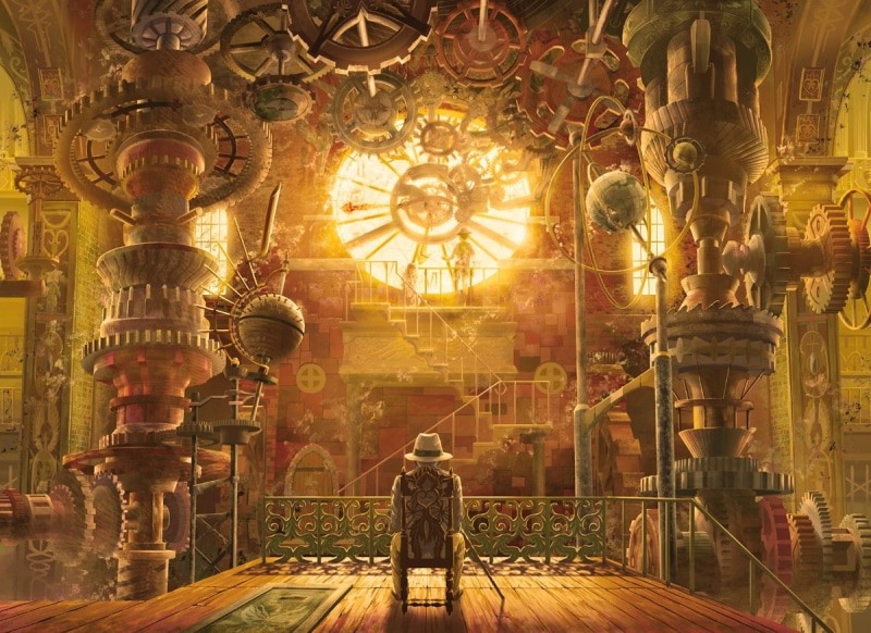 sitting, steampunk, 480P, gears, indoors, clockwork, clocktowers
