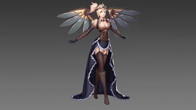 steampunk, illustration, beautiful woman, human body part, black color, gray, adult, long hair, Mercy (Overwatch), females, young adult, brown, hair, 1080P