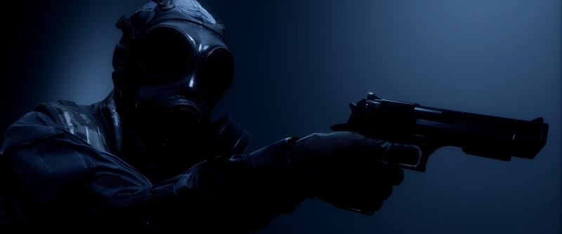 protection, weapon, handgun, aiming, one person, warning sign, security, soldier, military, government, gas mask, aggression, mask, special forces, violence