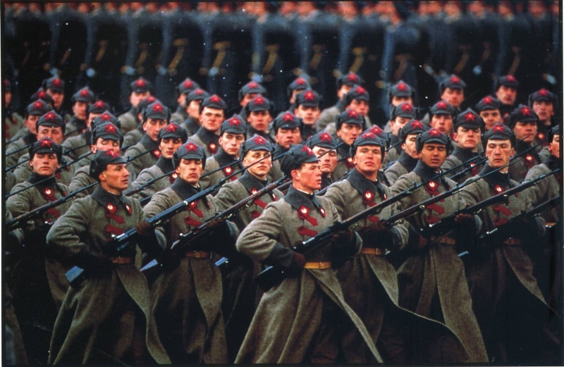 music, military, front view, standing, focus on foreground, men, uniform, black, close-up, people, 720P, occupation, clothing, armed forces, rifle, in a row