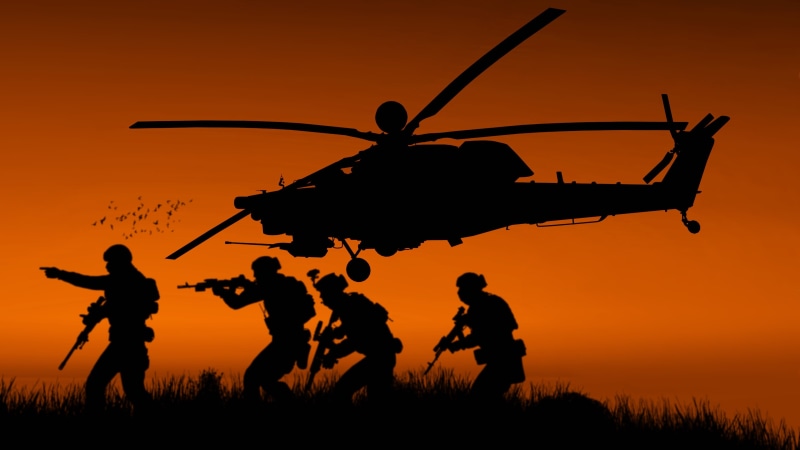 Arma 3, Silhouette, Military helicopter, 4K, 4K, Sunset, Soldiers