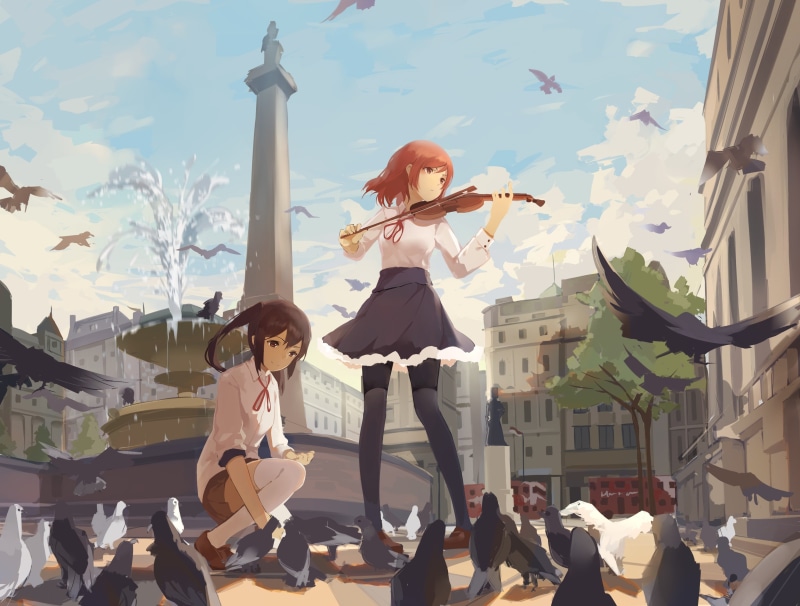 outdoors, people, piano, school uniform, women, sunlight, trees, digital, real people, fountain, lifestyles, men, ribbon, Nishikino Maki, leisure activity