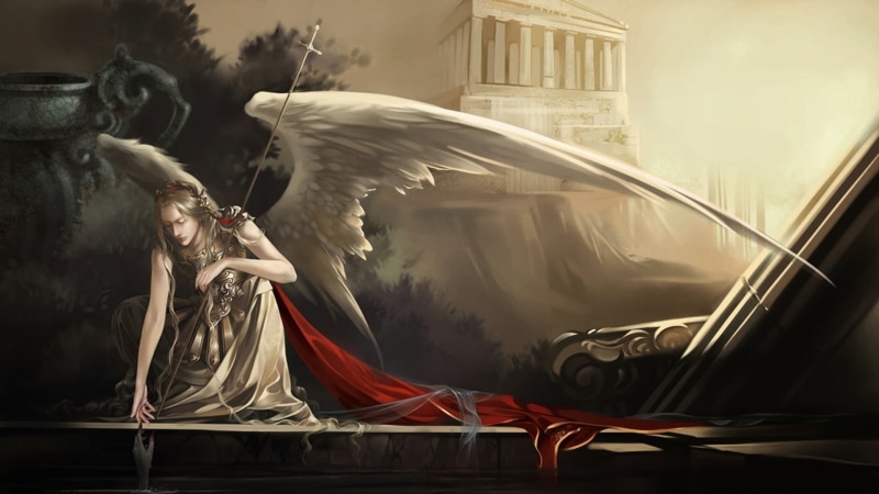 human representation, flying, day, animal wildlife, crouching, animals in the wild, 1080P, temple, painting, angel, art and craft, vertebrate, representation