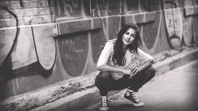sitting, squatting, spring, built structure, people, fashion, sit, female, near, outdoors, leisure, women, woman, rap, beautiful woman, contemplation, attractive