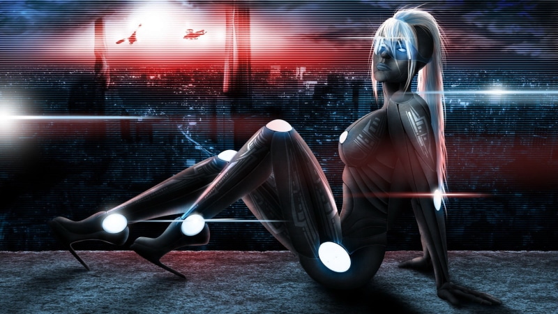 robot, blurred motion, sunglasses, relaxation, high heels, 1080P, leisure activity, red, city, young adult, long exposure, full length, sitting, lifestyles