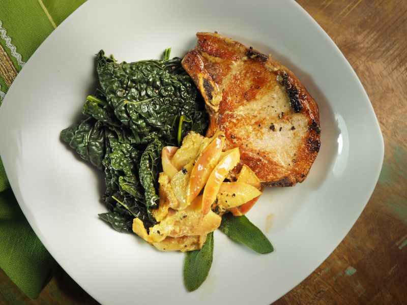 meat, sage, indoors, directly above, cooked, white meat, serving size, grilled, plate, vegetable, apple, fried, dish, wellbeing, protein, applesauce, healthy