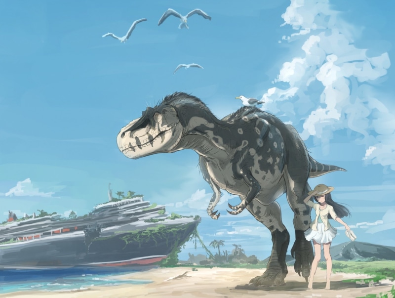 1080P, Beach, Original, Girl, Dinosaur, Anime, Cruise Ship, Tyrannosaurus Rex