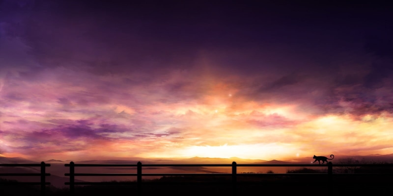 screen, fence, tranquility, sky, anime, flat, outdoors, silhouette, dusk, computer, sunset, tranquil scene, purple, idyllic, electricity pylon, nature
