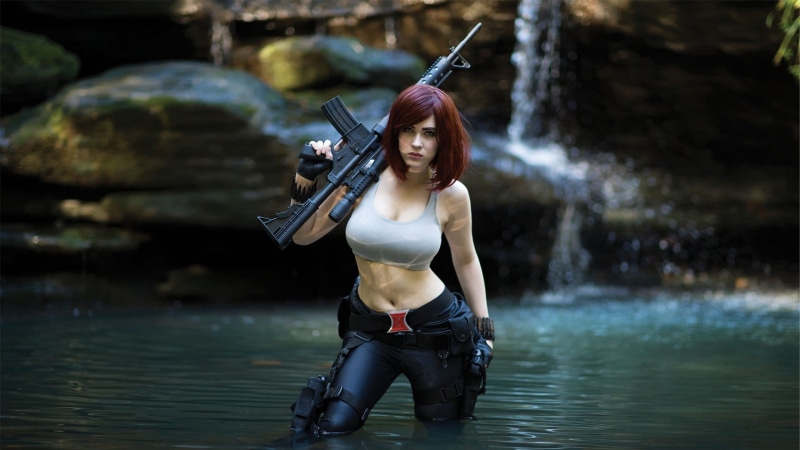redhead, water, girls with guns, leather, Eve Beauregard, waterfall, model, women outdoors, weapon, gun, women, Black Widow, 1080P, cosplay, Russian