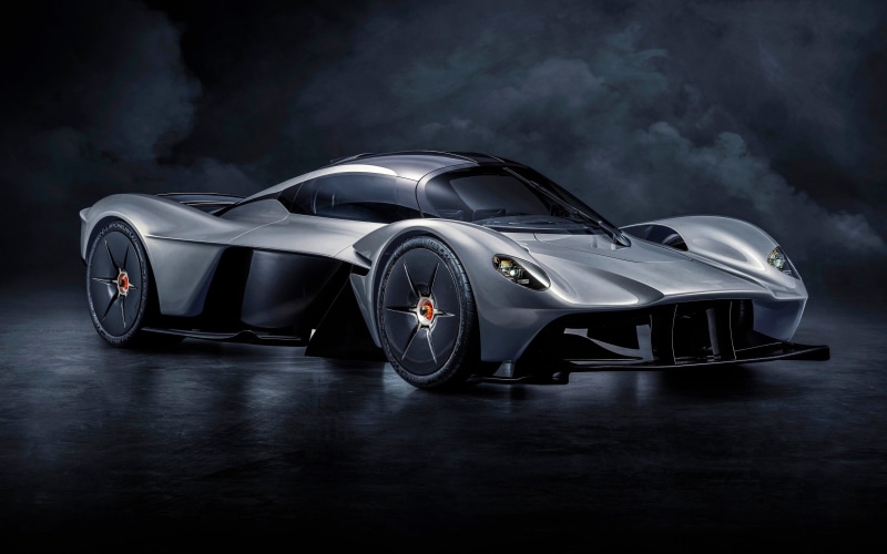 Aston Martin, sports car, transportation, indoors, Aston Martin Valkyrie, night, retro styled, speed, black color, land vehicle, silver colored, chrome
