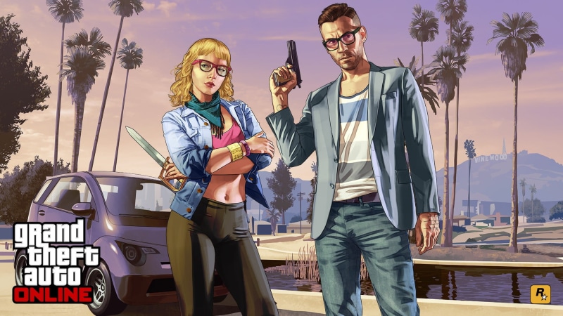 three quarter length, game, leisure activity, Rockstar Games, Grand Theft Auto V, standing, women, sunglasses, males, adult, young adult, Grand Theft Auto V Online