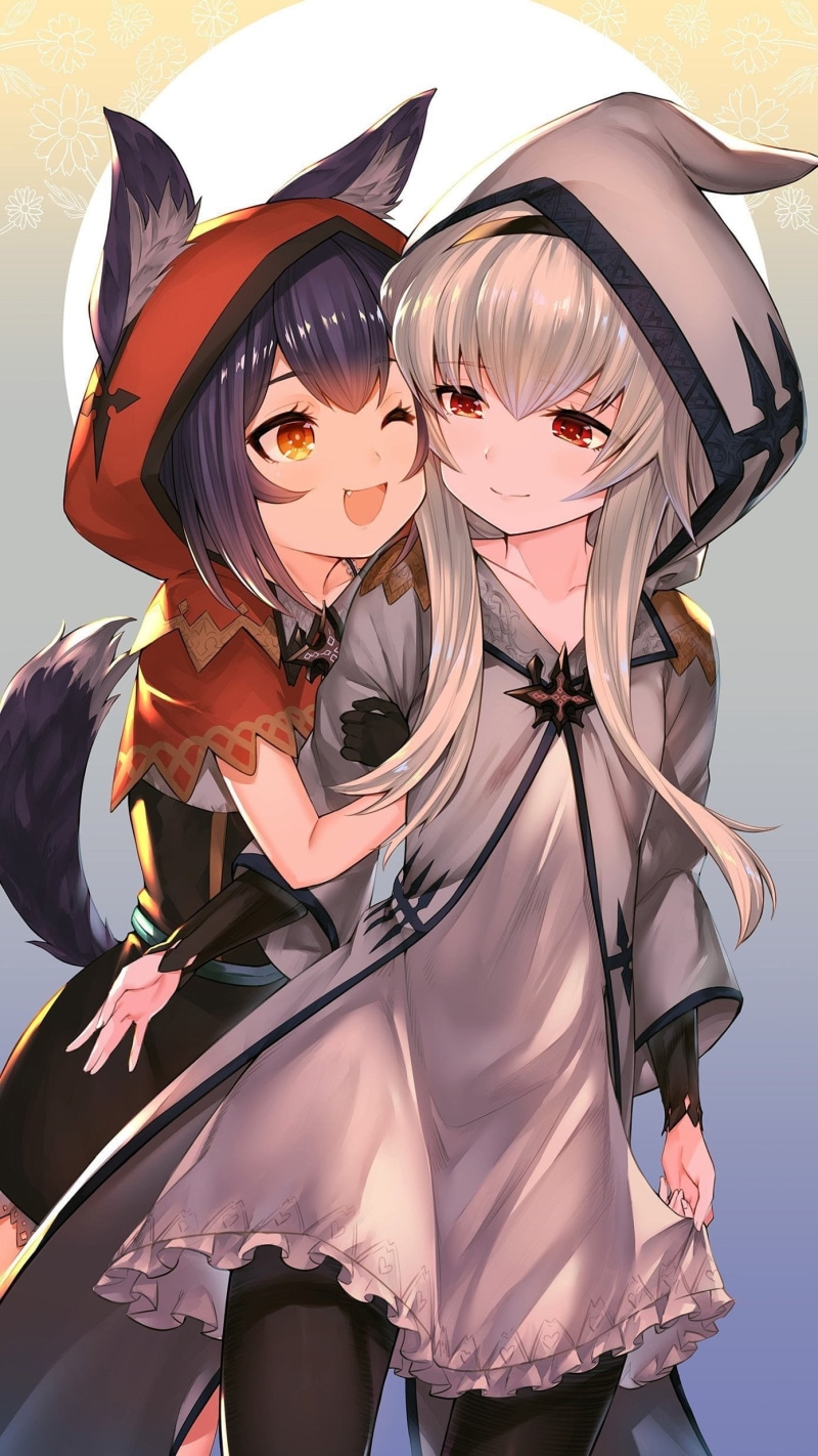 red eyes, Ookami Mio, white hair, Virtual Youtuber, black hair, 1080P, anime, animal ears, hoods, anime girls, Hololive