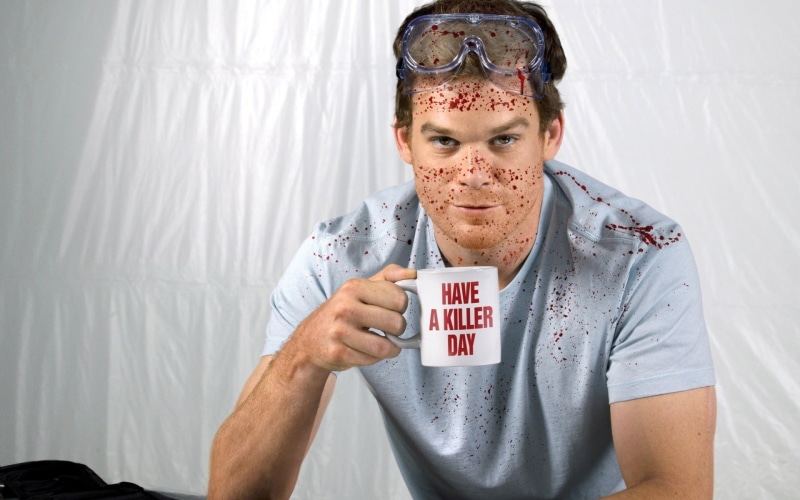 crew, males, blood, waist up, grey, adult, goggles, men, indoors, front view, one person, mature men, blood stains, portrait, mug, Michael C. Hall, refreshment