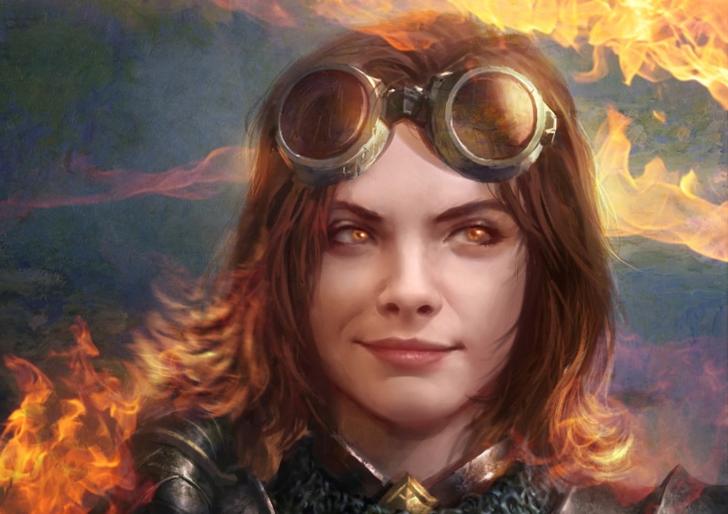 Smile, Game, Woman, Goggles, Fire, 1080P, Chandra Nalaar, Magic: The Gathering, Brown Hair