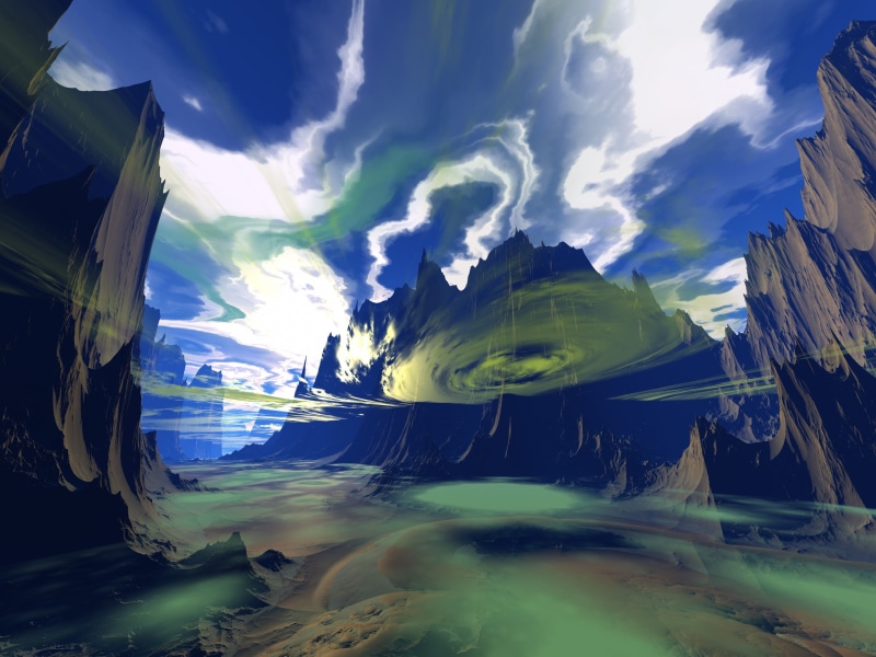 alien, panoramic, sky, cloudscape, scene, mountains, beauty in nature, stone, cloud - sky, planet, no people, tranquility, unreal, computer generated, steep