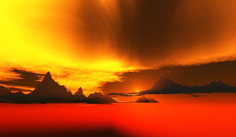 landscape, sci-fi, digital, dusk, tropical, place of worship, mountains, orange, alien, shore, scenic, planet, red, yellow, travel destinations, universe