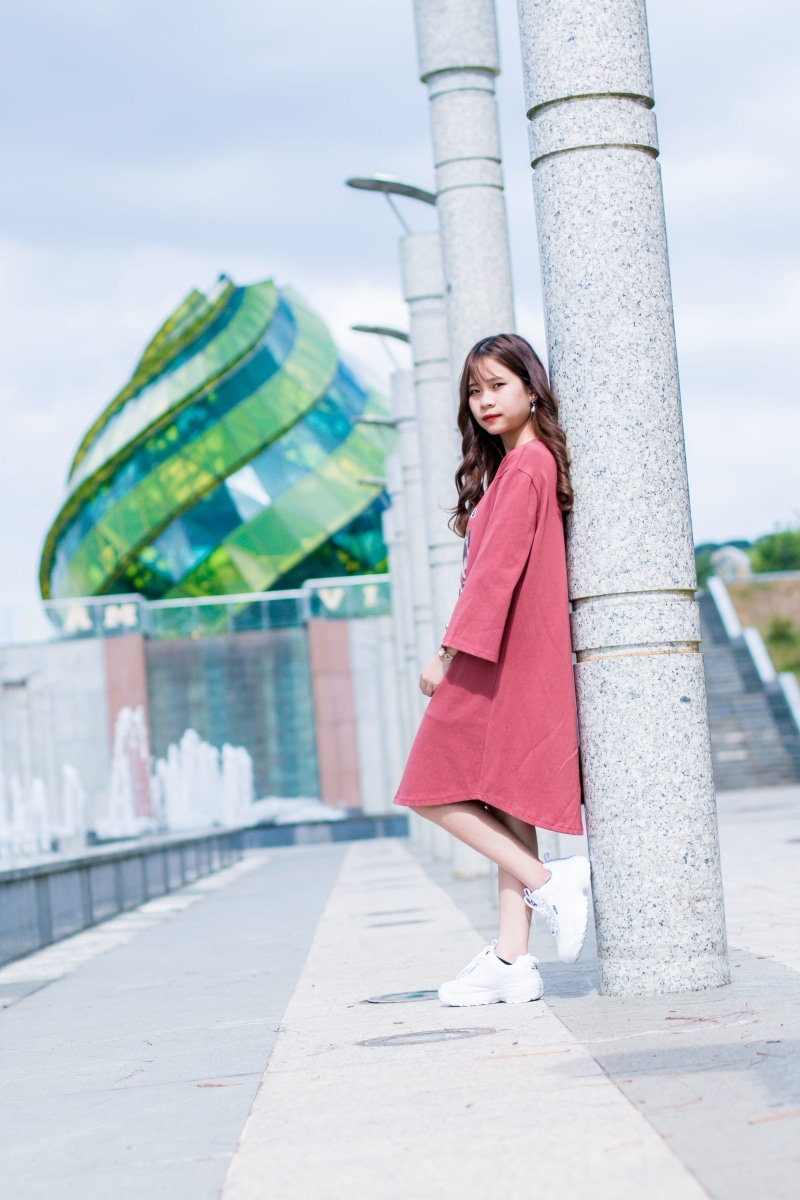 health, hairstyle, person, relaxation, day, looking at camera, fashion, fun, architecture, young, young women, lady, recreation, red, dress, focus on foreground