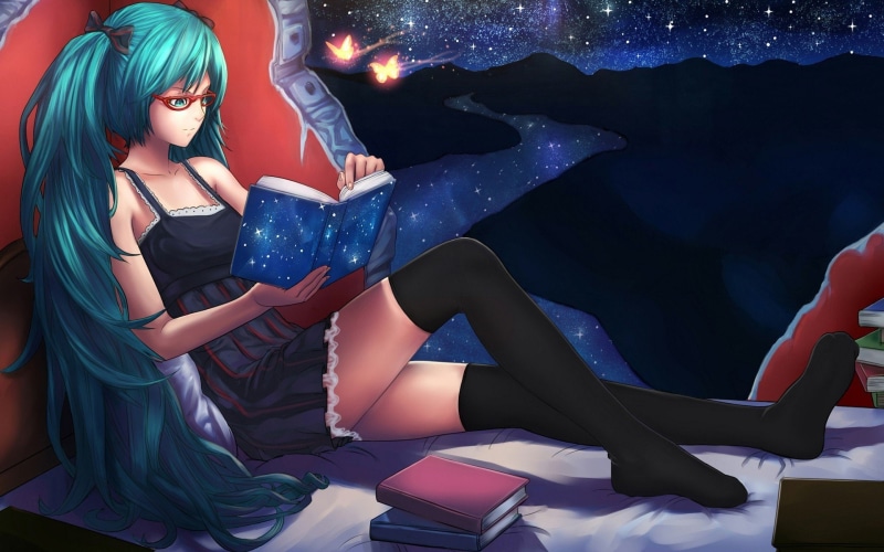 Hatsune Miku, Anime Girls, 1080P, bugs, reading, miku, highs, px, hatsune, thigh, x, glasses, 1920x1200 px, hd, girls, anime, animals, vocaloid, art