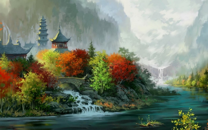asian, 720P, hd, fall, art, painting, fantasy, autumn, oriental, px, Trees, cars, mercedes, Rivers, Castle, x, 1680x1050 px