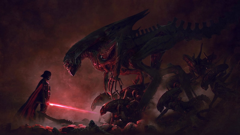 video game characters, science fiction, artwork, Guillem H. Pongiluppi, digital art, red light, standing, Aliens (movie), Star Wars, lightsaber, Darth Vader