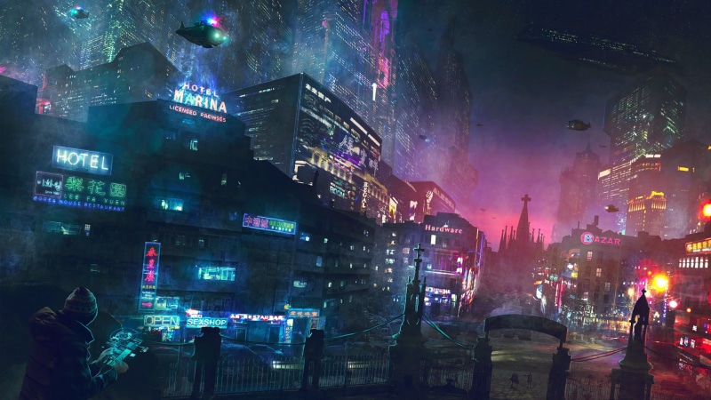1080P, futuristic, Guillem H. Pongiluppi, skyscraper, artwork, flying car, cityscape, neon, night, digital art, street