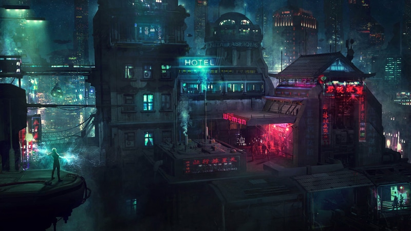digital art, electricity, 1080P, futuristic, artwork, Guillem H. Pongiluppi, flying car, cityscape, skyscraper, neon