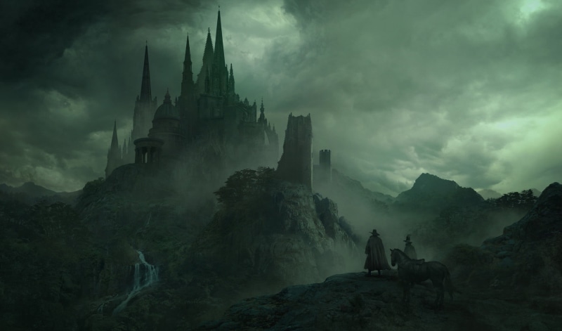 castle, Palace, clouds, the pilgrims, spires, people, fortress, 1080P, art, Solomon Kane, Guillem H. Pongiluppi, figure, riders