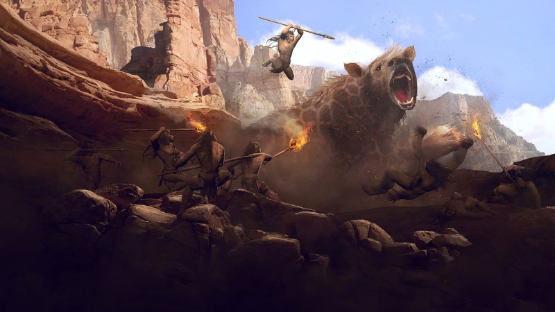 1080P, hominid, hyenas, Guillem H. Pongiluppi, digital art, spear, fantasy art, torches, mountains, artwork, prehistoric, fire, creature, battle, giant